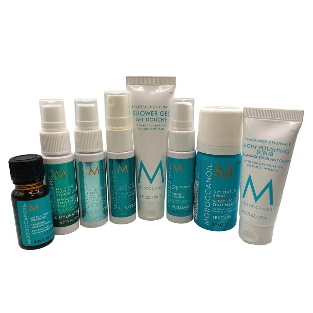 Moroccanoil 8 Piece Deluxe Body & Hair Travel Set Treatment Oil Polishing Scrub